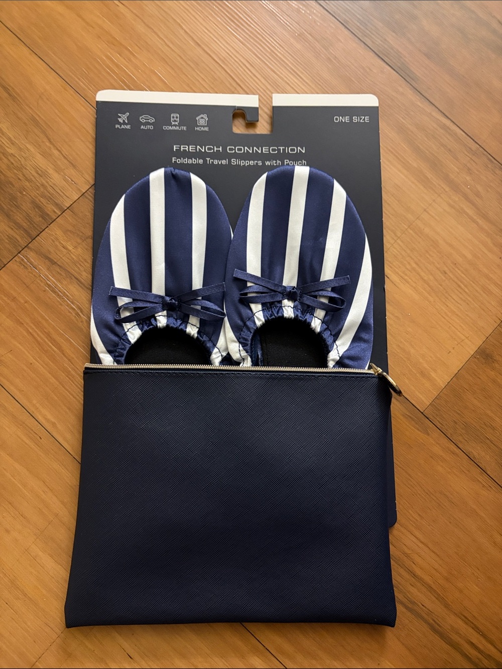 French Connection navy blue and white striped foldable travel slippers with pouc